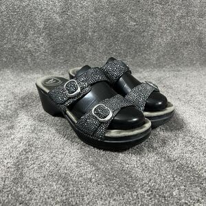 Dansko Sophie Womens Sz 40 Black Metallic Leather 2-Buckle Slide Wedge Sandals